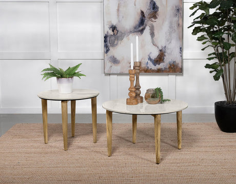 Aldis coffee table with white marble top and mango wood legs, front angle