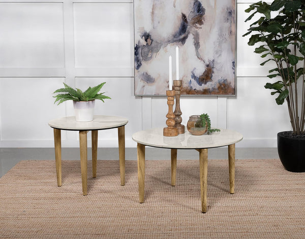 Aldis coffee table with white marble top and mango wood legs, front angle