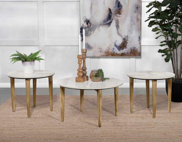 Aldis 3-piece coffee and end table set with white marble tops and round shape