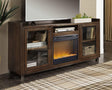 Starmore 70 inch brown TV stand with electric fireplace angled view