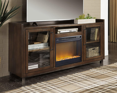 Starmore 70 inch brown TV stand with electric fireplace angled view