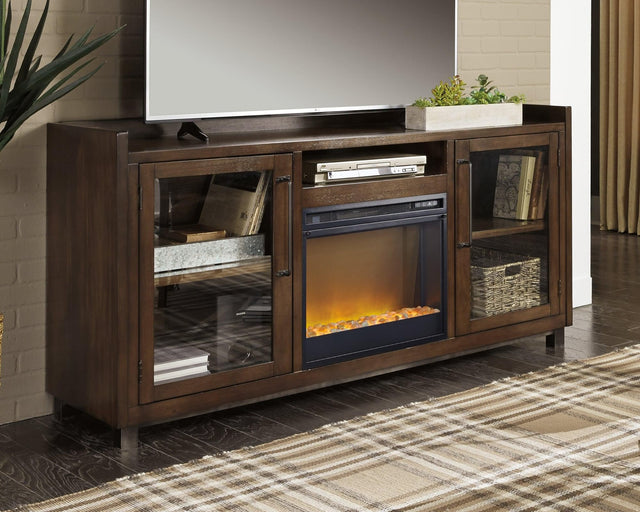 Starmore 70 inch brown TV stand with electric fireplace angled view