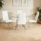 Main view of Diane White Round Dining Room Set with glass top table and four chairs