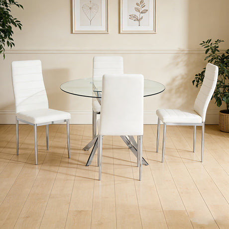 Main view of Diane White Round Dining Room Set with glass top table and four chairs