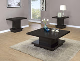 Reston 3-piece square coffee and end table set in cappuccino, angled view