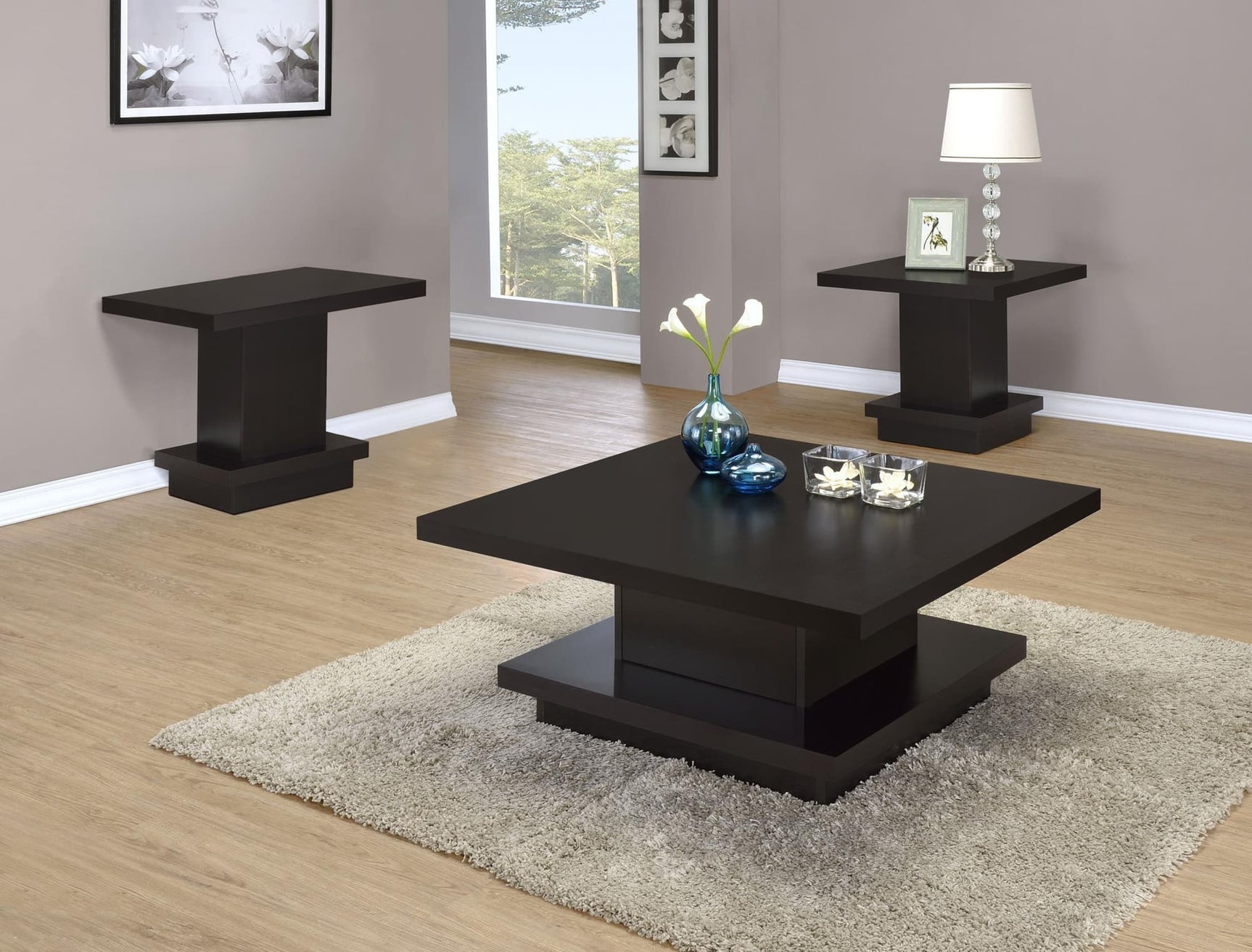 Reston 3-piece square coffee and end table set in cappuccino, angled view
