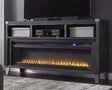 Todoe Gray 65 inch TV Stand front view with electric fireplace