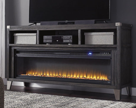 Todoe Gray 65 inch TV Stand front view with electric fireplace