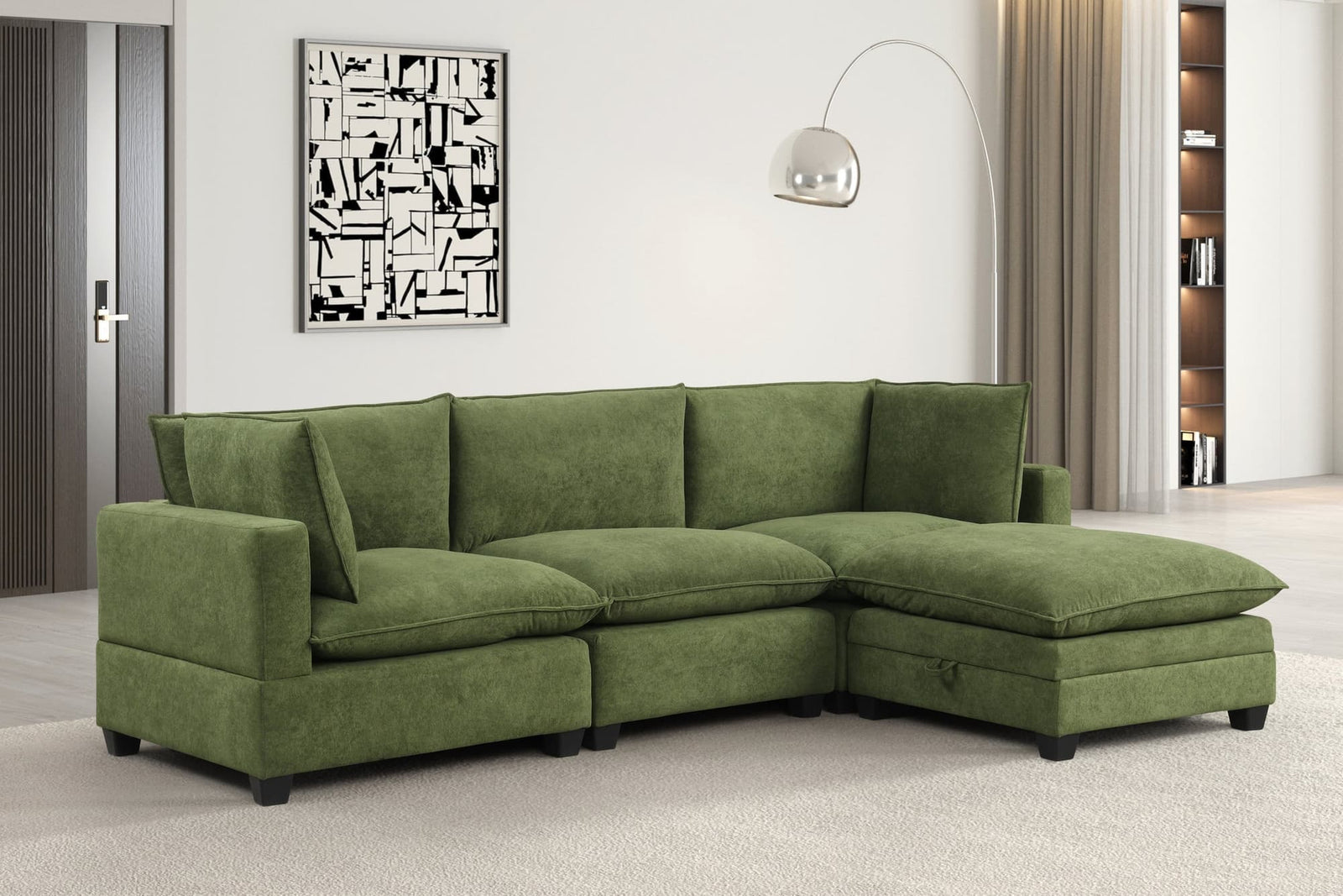 Front view of Cloud Olive Modular Fabric Sectional Sofa in olive green