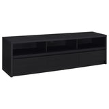 Rutland 78-inch black TV stand with three drawers and open shelves front view