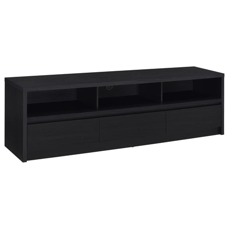 Rutland 78-inch black TV stand with three drawers and open shelves front view