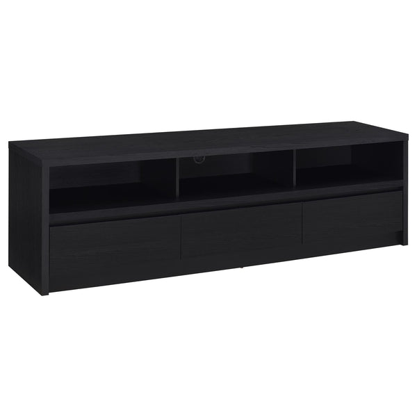 Rutland 78-inch black TV stand with three drawers and open shelves front view