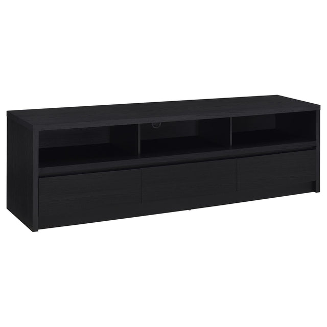Rutland 78-inch black TV stand with three drawers and open shelves front view
