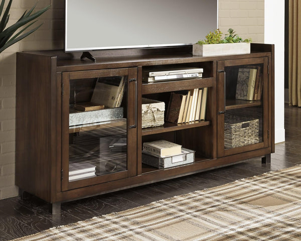 Starmore Brown 70" TV Stand front view with media components