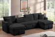 Front view of July Black sectional sofa with double storage chaise and pull-out bed