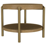 Arini Round End Side Table with storage shelf, sand wash finish, angled front view