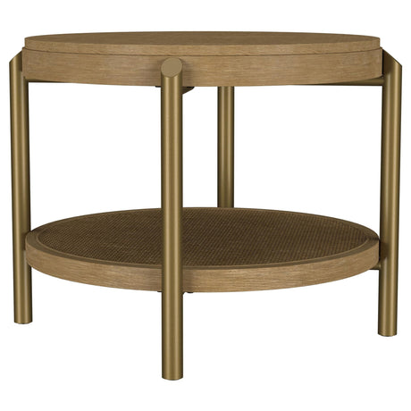 Arini Round End Side Table with storage shelf, sand wash finish, angled front view