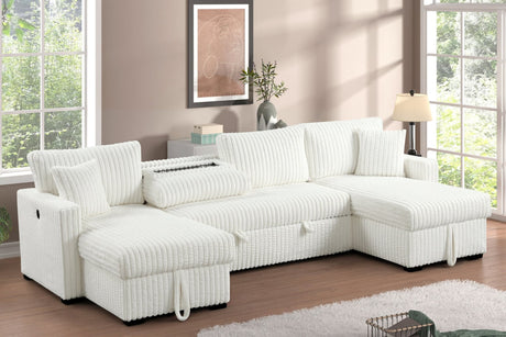 Front view of July Beige Sectional Sofa highlighting double storage chaise and pull-out bed