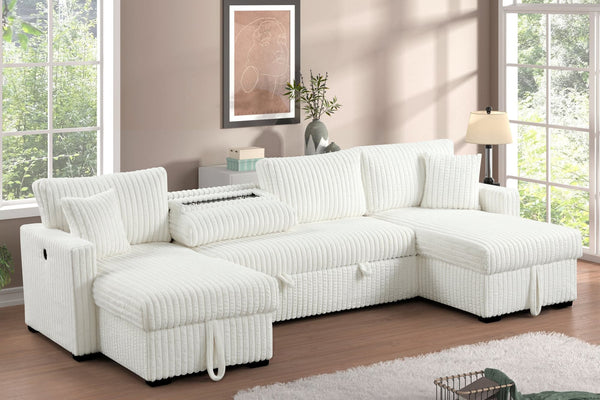 Front view of July Beige Sectional Sofa highlighting double storage chaise and pull-out bed