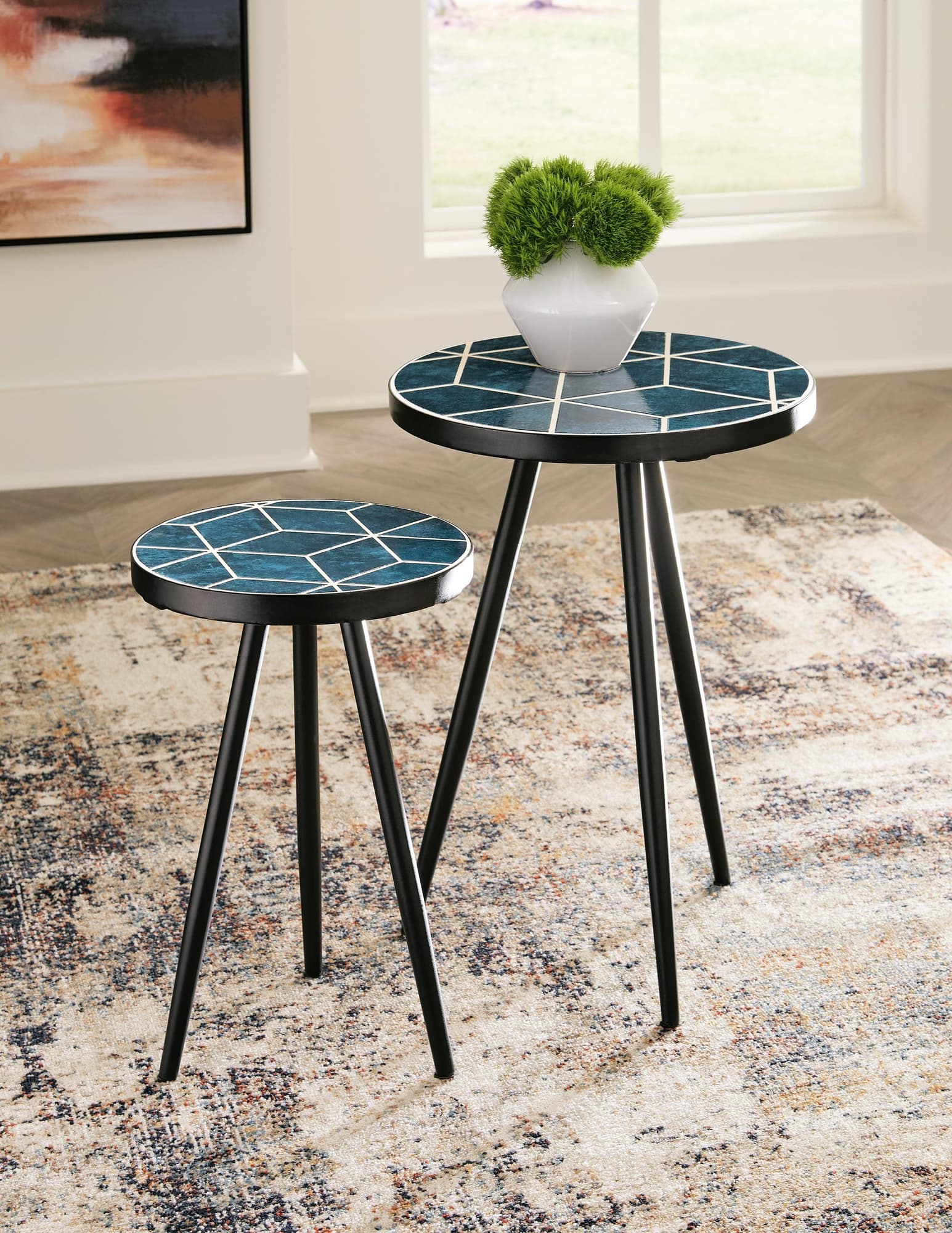 Clairbelle teal accent tables set of 2, front angle view