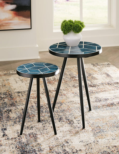 Clairbelle teal accent tables set of 2, front angle view