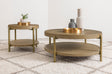 Arini coffee and end table set in sand wash finish, side angle