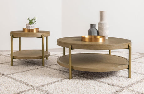 Arini coffee and end table set in sand wash finish, side angle