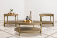 Arini 3-piece round coffee and end table set in sand wash finish, front view