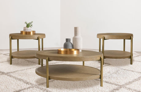 Arini 3-piece round coffee and end table set in sand wash finish, front view