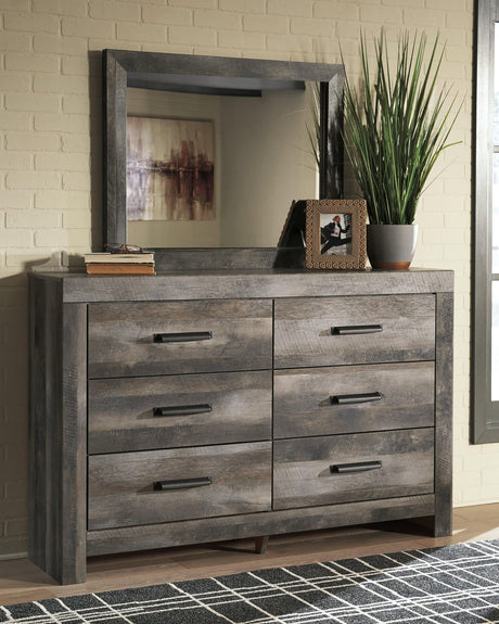 Wynnlow Gray Dresser and Mirror set, front angle showing six drawers and mirror