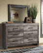 Wynnlow Gray Dresser and Mirror set, front angle showing six drawers and mirror