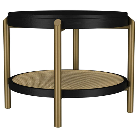 Arini round black end side table top view showing ash veneer grain