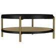 Arini round black coffee table with rattan storage shelf, top view
