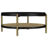 Arini round black coffee table with rattan storage shelf, top view