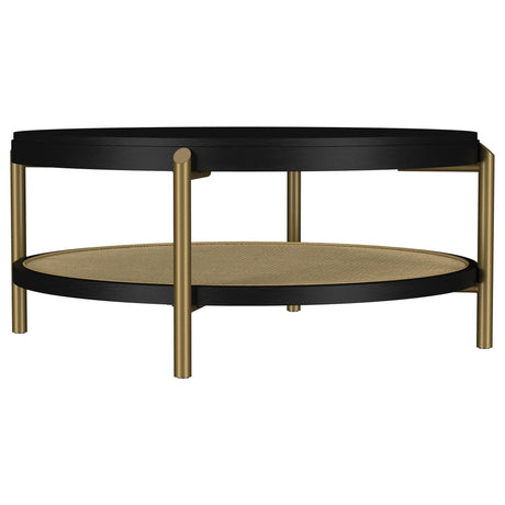 Arini round black coffee table with rattan storage shelf, top view