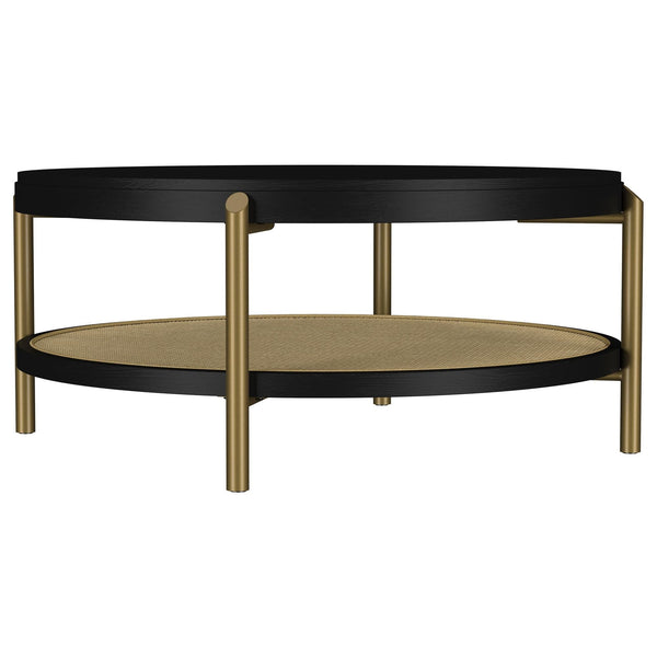 Arini round black coffee table with rattan storage shelf, top view