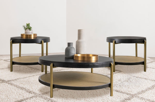 Arini 3-piece round coffee and end table set in black, front view