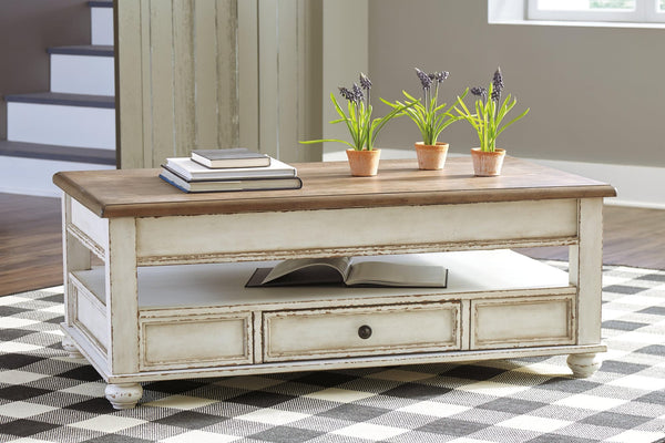 Realyn white and brown lift top coffee table, front angle