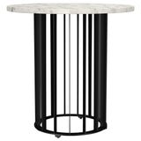 Haven round side table with white marble top and black iron base front view