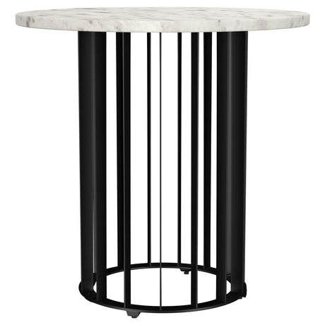 Haven round side table with white marble top and black iron base front view