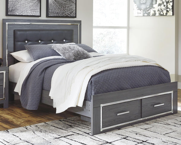 Lodanna Gray Queen Panel Bed front view with storage drawers open