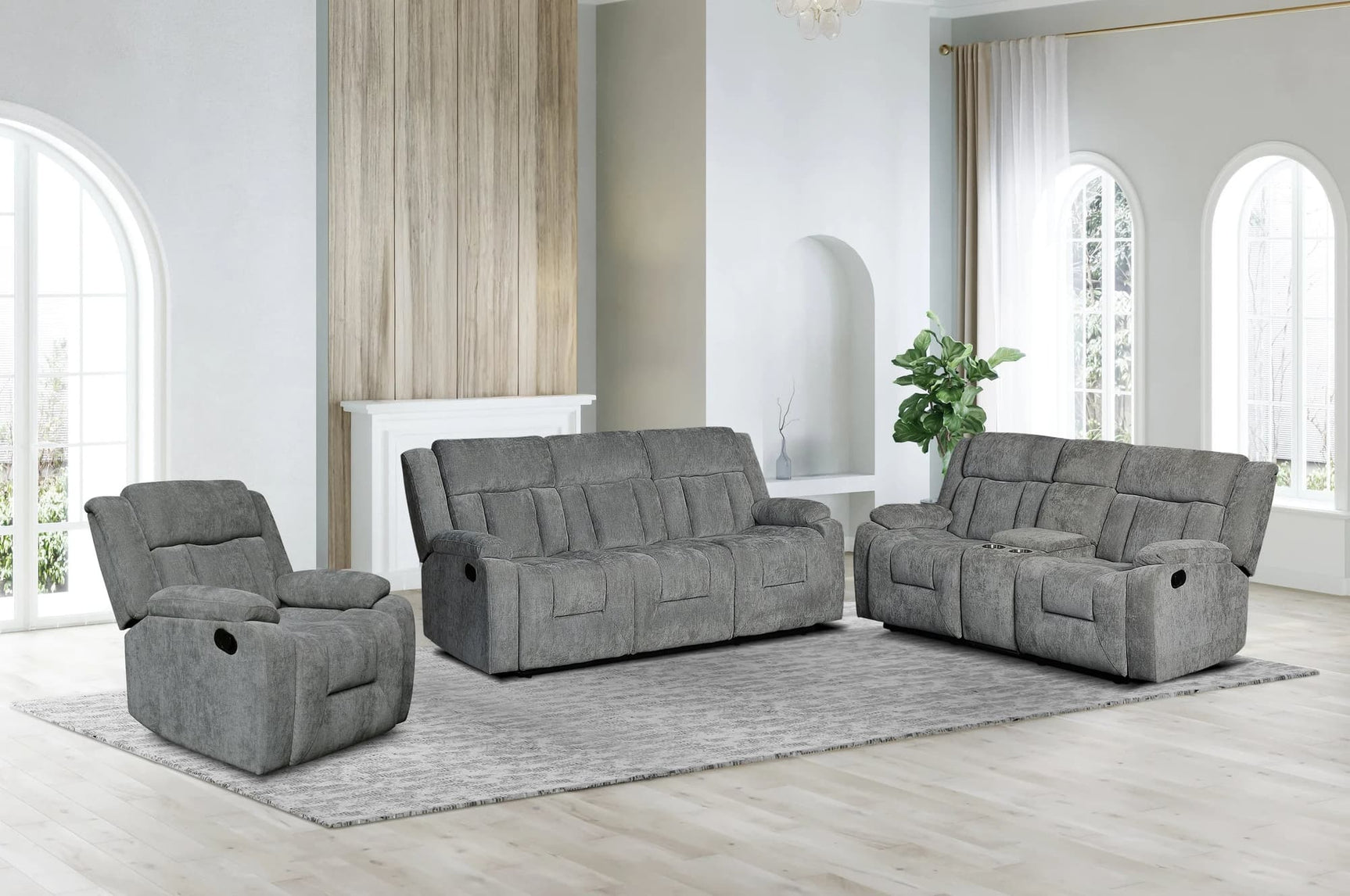 Farrah Gray 3-piece gray fabric reclining sofa set front view