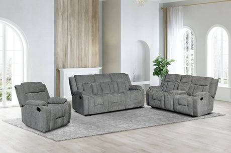 Farrah Gray 3-piece gray fabric reclining sofa set front view