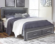 Front view of Lodanna Gray King Panel Bed with button-tufted headboard and LED lighting