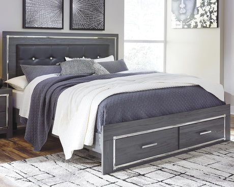 Front view of Lodanna Gray King Panel Bed with button-tufted headboard and LED lighting