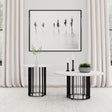 Haven 2-piece round marble coffee and end table set with black iron bases, front view