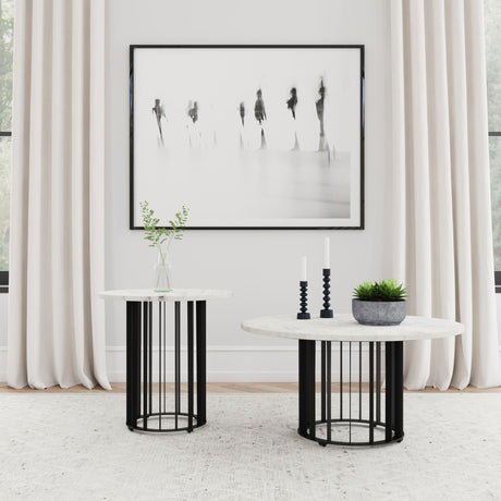 Haven 2-piece round marble coffee and end table set with black iron bases, front view