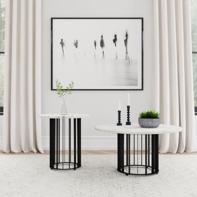 Haven 2-piece round marble coffee and end table set with black iron bases, front view