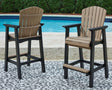 Fairen Trail Outdoor Barstool set, front angle view showing black legs and driftwood seat