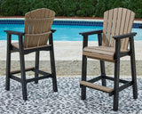 Fairen Trail Outdoor Barstool set, front angle view showing black legs and driftwood seat